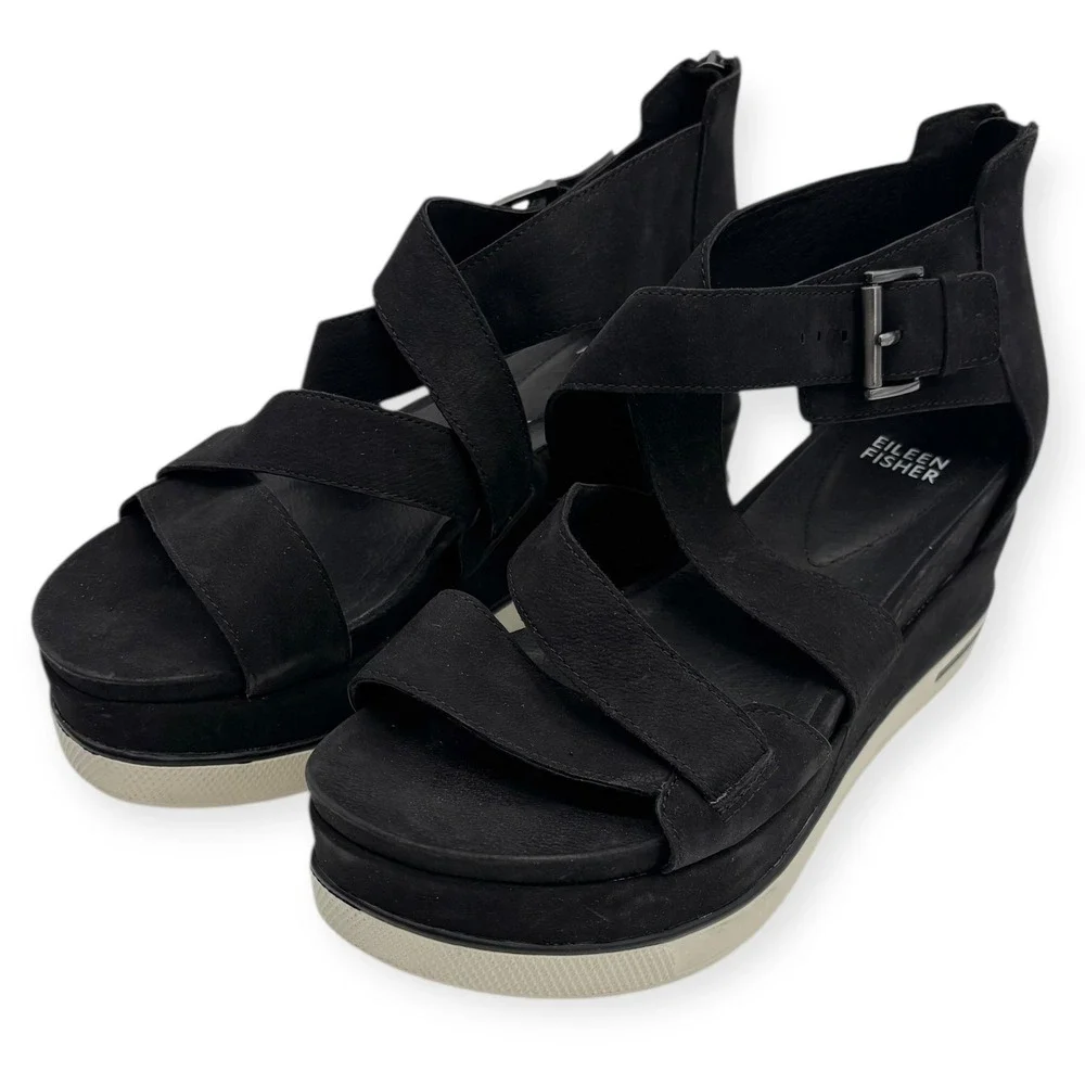 Eileen Fisher Women's‎ Black Boost Platform Wedge Sandals - Size 9.5
